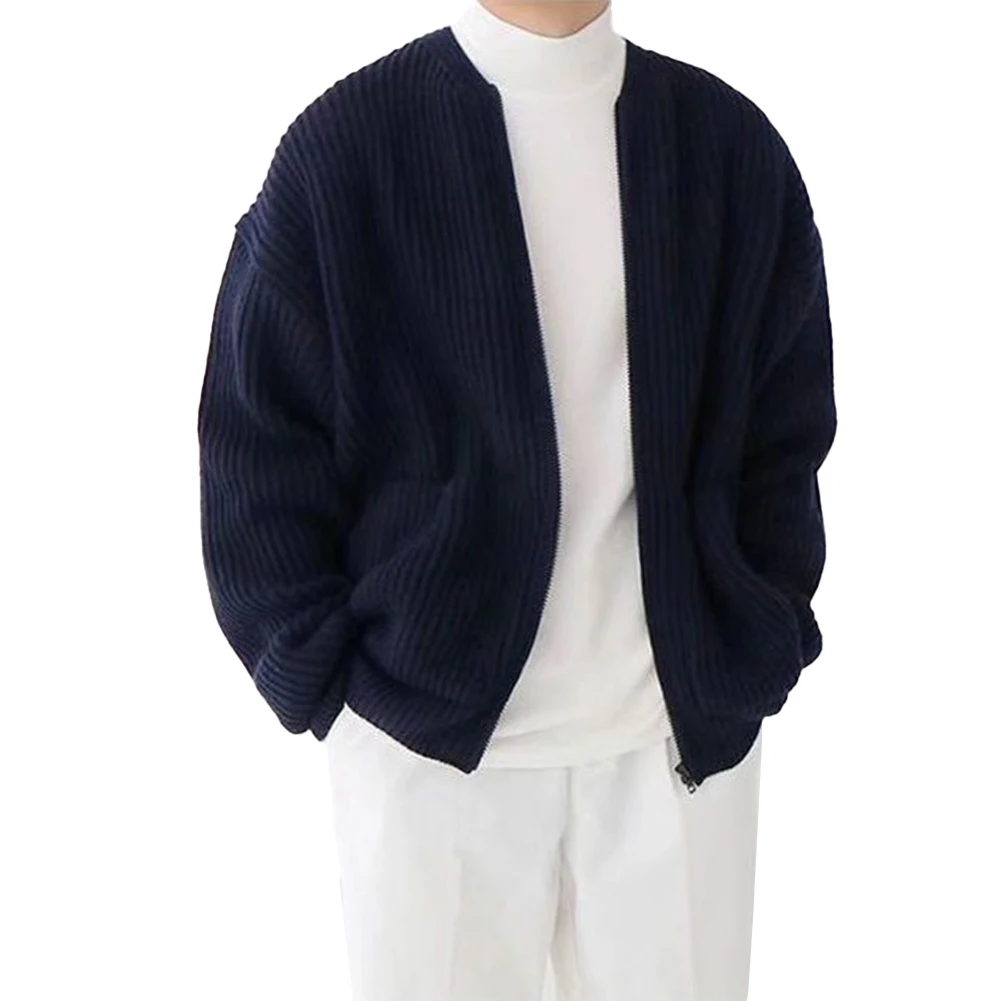 

Men Zip Up Knitted Cardigan Lined Funnel Neck Jumper Sweater w Pockets Casual and Comfortable Classic Solid Pattern Navy blue