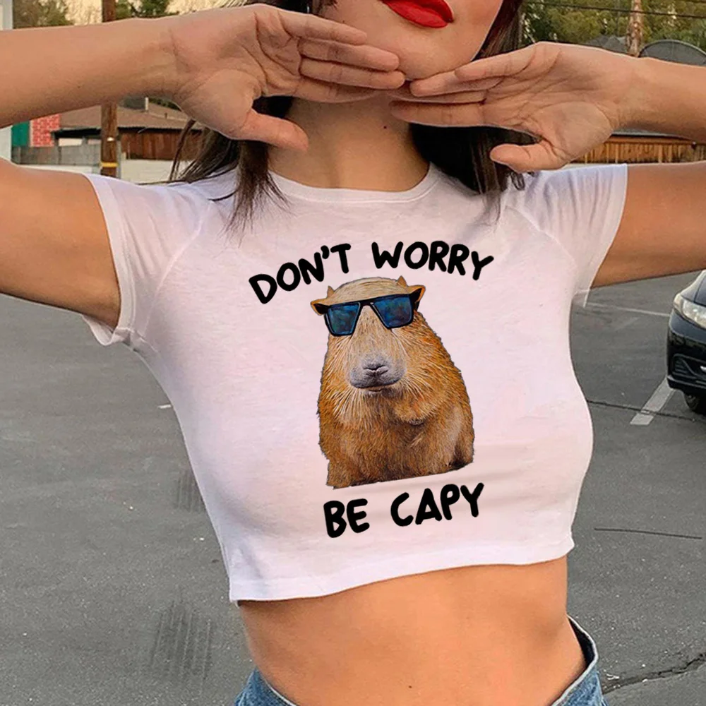 

Capybara aesthetic 2000s korean fashion crop top Female graphic Harajuku streetwear tee