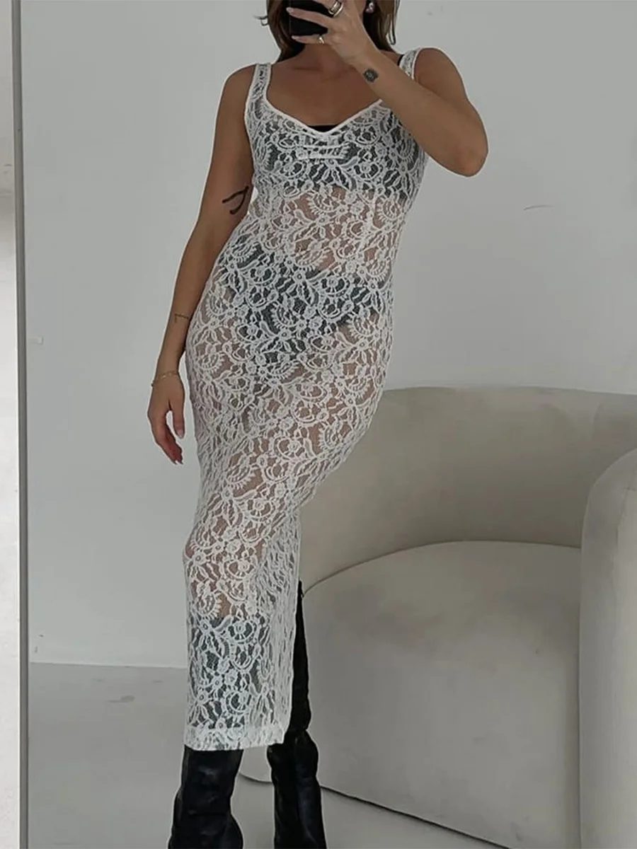 

Women's Sexy Sheer Lace Long Dress Retro Y2K Sleeveless V Neck Solid Color Elegant White Tank Dresses See-Though Party Sundress