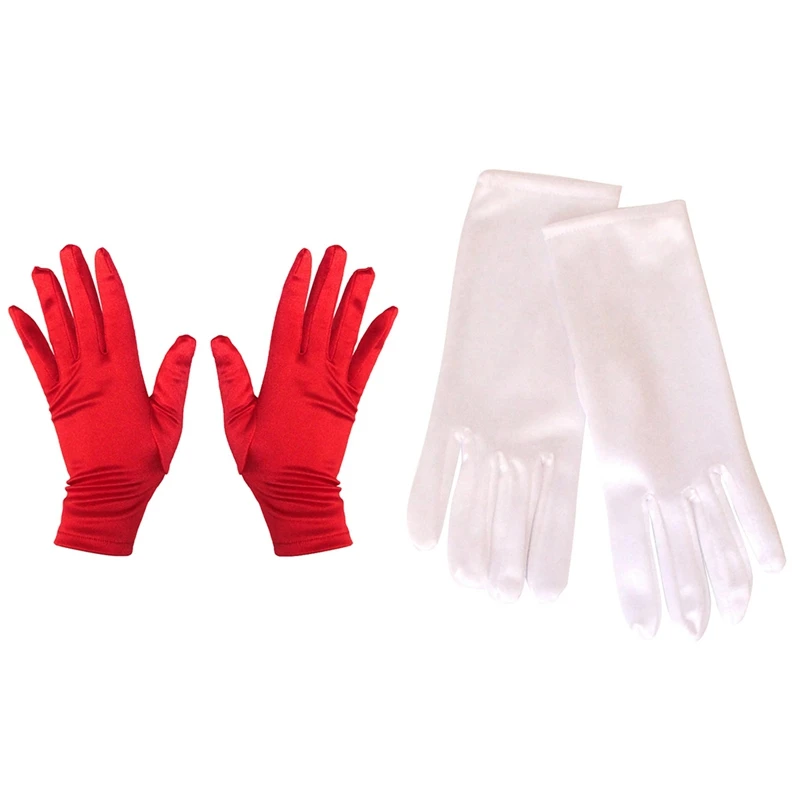 

NEW-2PCS Ladies Short Sunscreen Satin Satin Glove Surface Dance Performance Gloves Spandex Etiquette Gloves, Red & White
