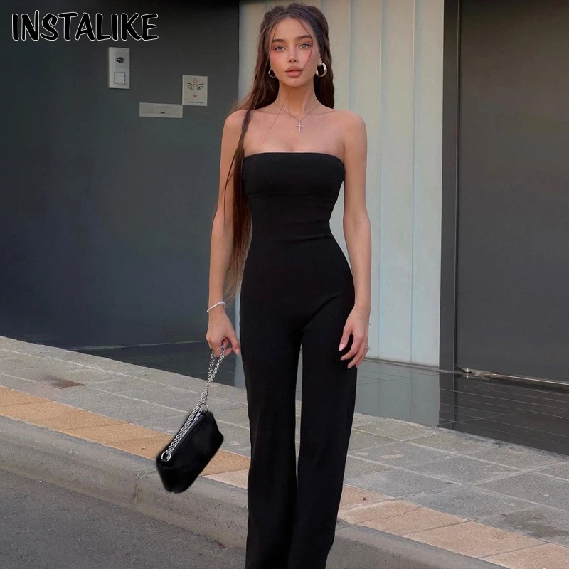 

InsLike Tube Sexy Ribbed Black Strapless Sexy Skinny One Piece Jumpsuit Summer Fashion Women Streetwear Vacation Romper Overalls