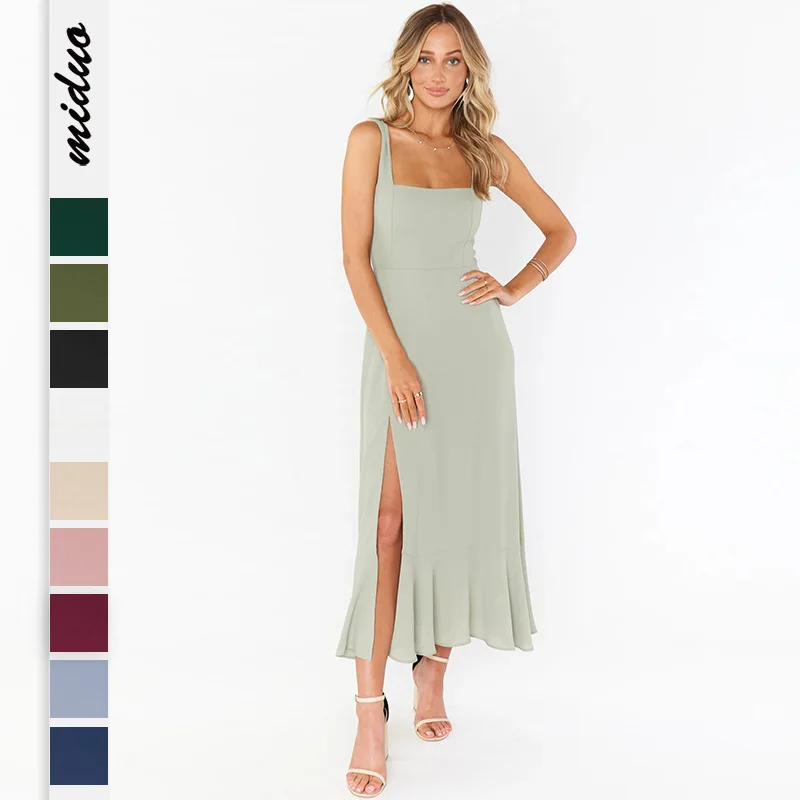 

2023 Summer New Solid Color Sleeveless Maxi Dresses For Women Leace-up Bowknot Low Cut Sexy Slim Slit Dress Commuting Party Club