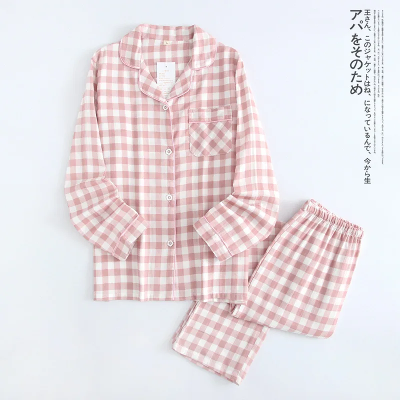 

Женская Хлопковая пижама 100%, японский женский пижамный комплект в клетку, одежда для сна для влюбленных, Мужская одежда для сна, Весенняя пижама с длинным рукавом, женская пижама