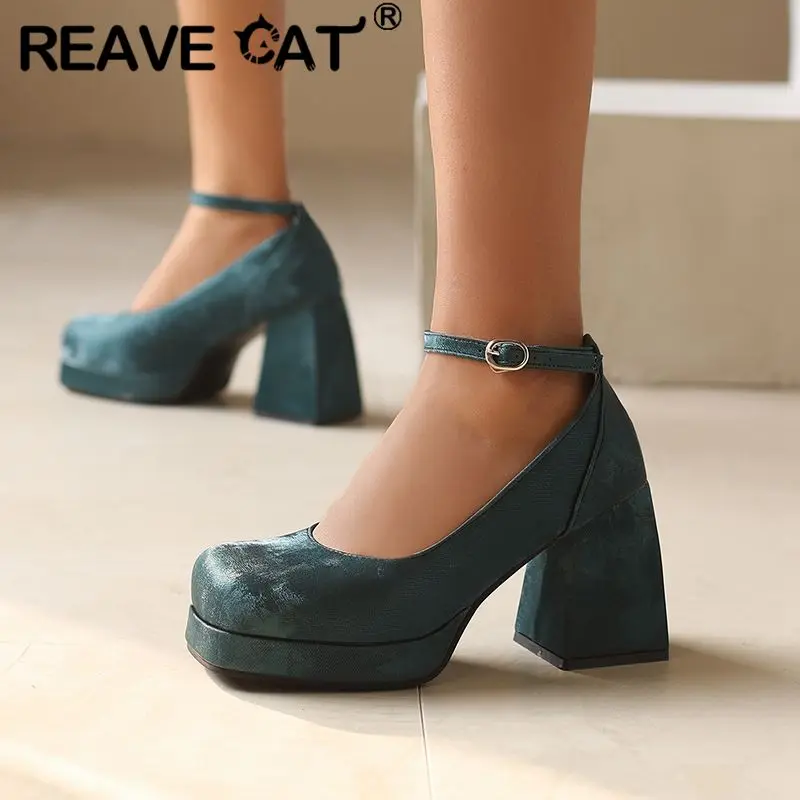 

REAVE CAT Fashion Women Pumps Flock Square Toe Block Heel 9.5cm Platform 2cm Ankle Buckle Strap Big Size 48 Fashion Dating Shoes