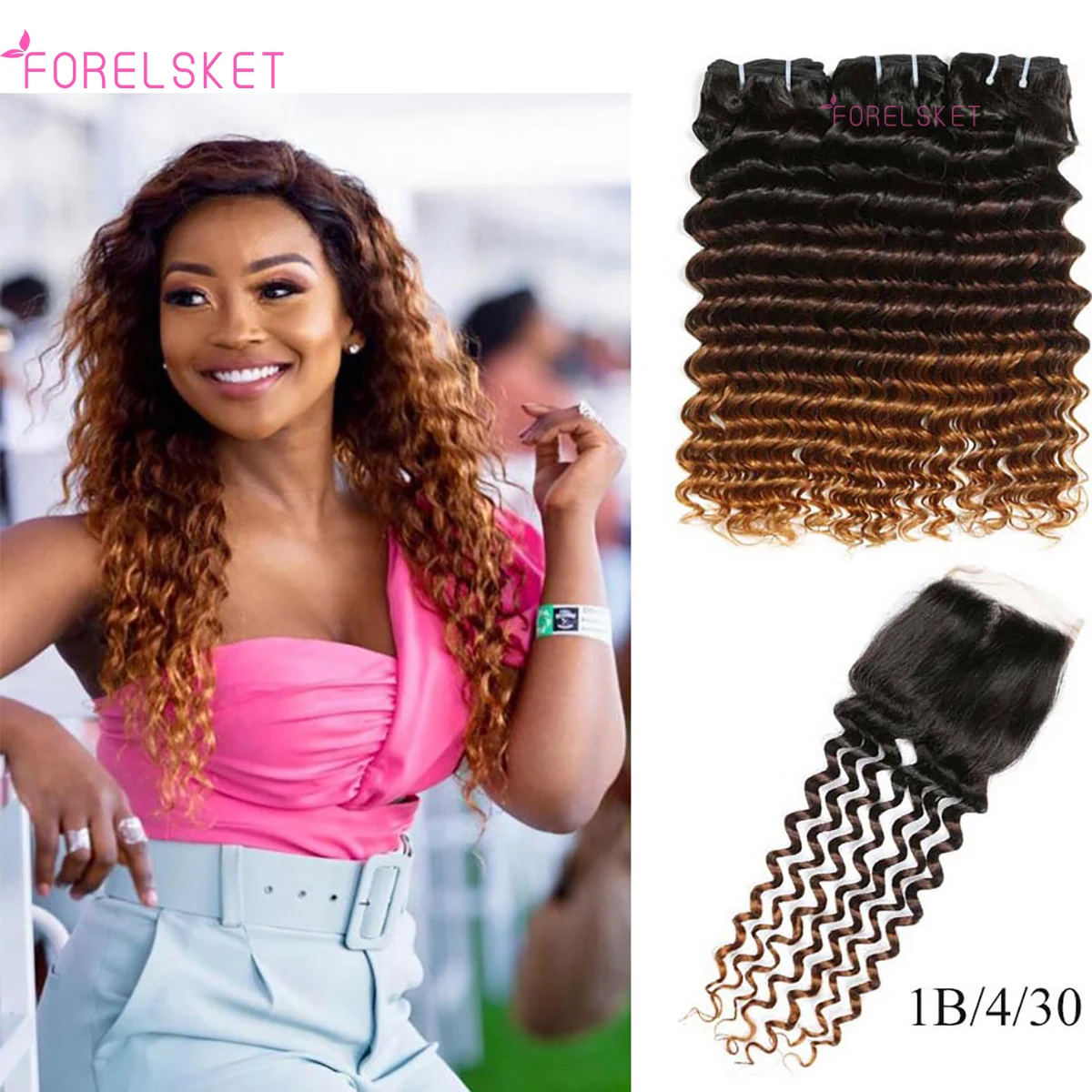 

1B 4 30 Ombre Brazilian Human Hair Weave Deep Wave Bundles With Closure Middle Part Remy Human Hair With Closure For Black Women