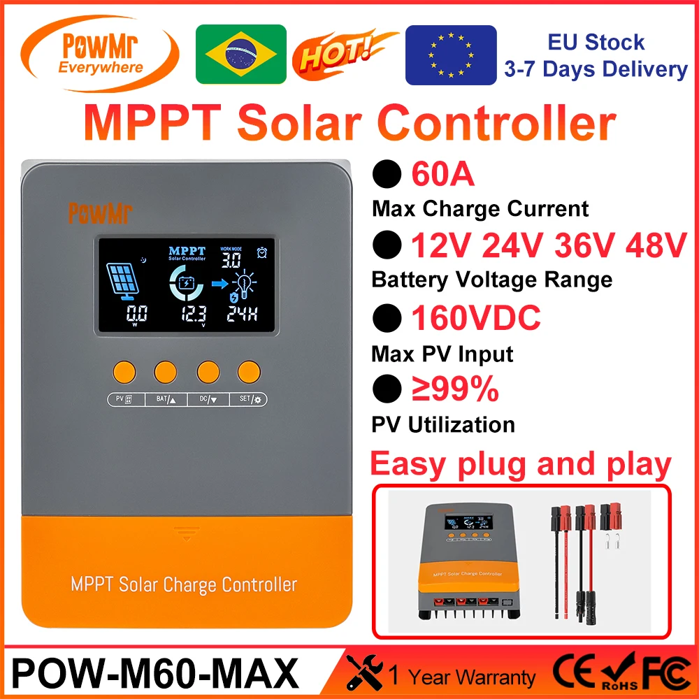 

PowMr MPPT 60A Solar Charge Controller for 12/24/36/48V Battery Max 160VDC PV Panel Input With Big Screen And New Wiring Ports