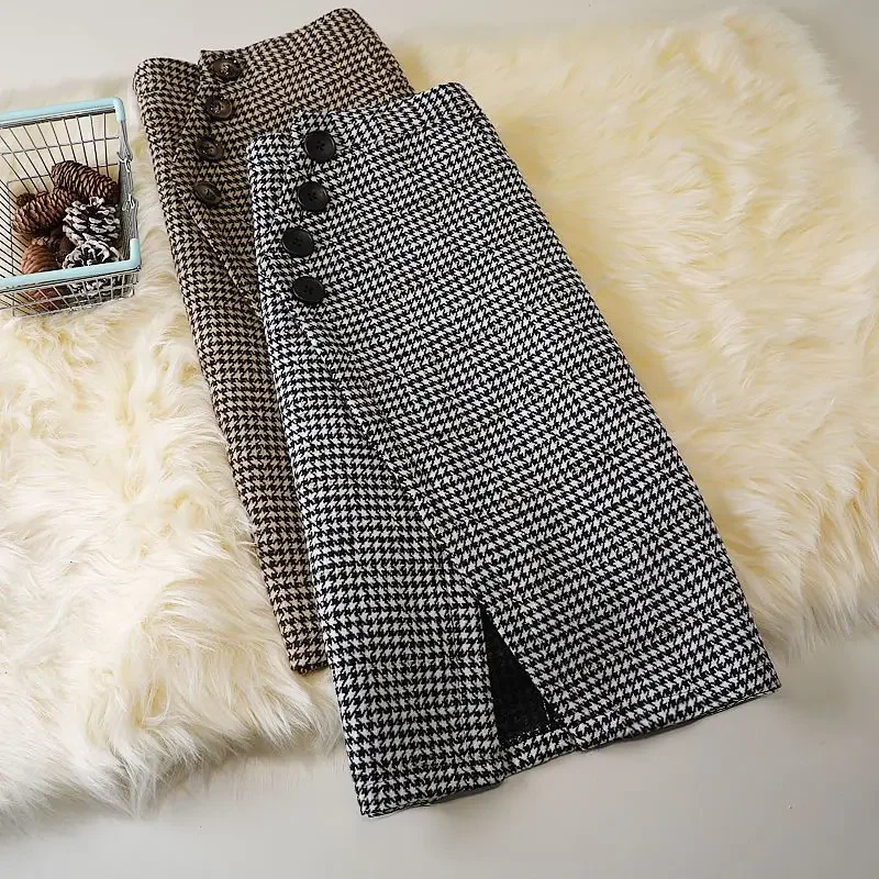 

Design Houndstooth Midi Skirt Women's Autumn Winter Woolen Irregular High Waist All-Match A- Line Hip Skirt Femme P529