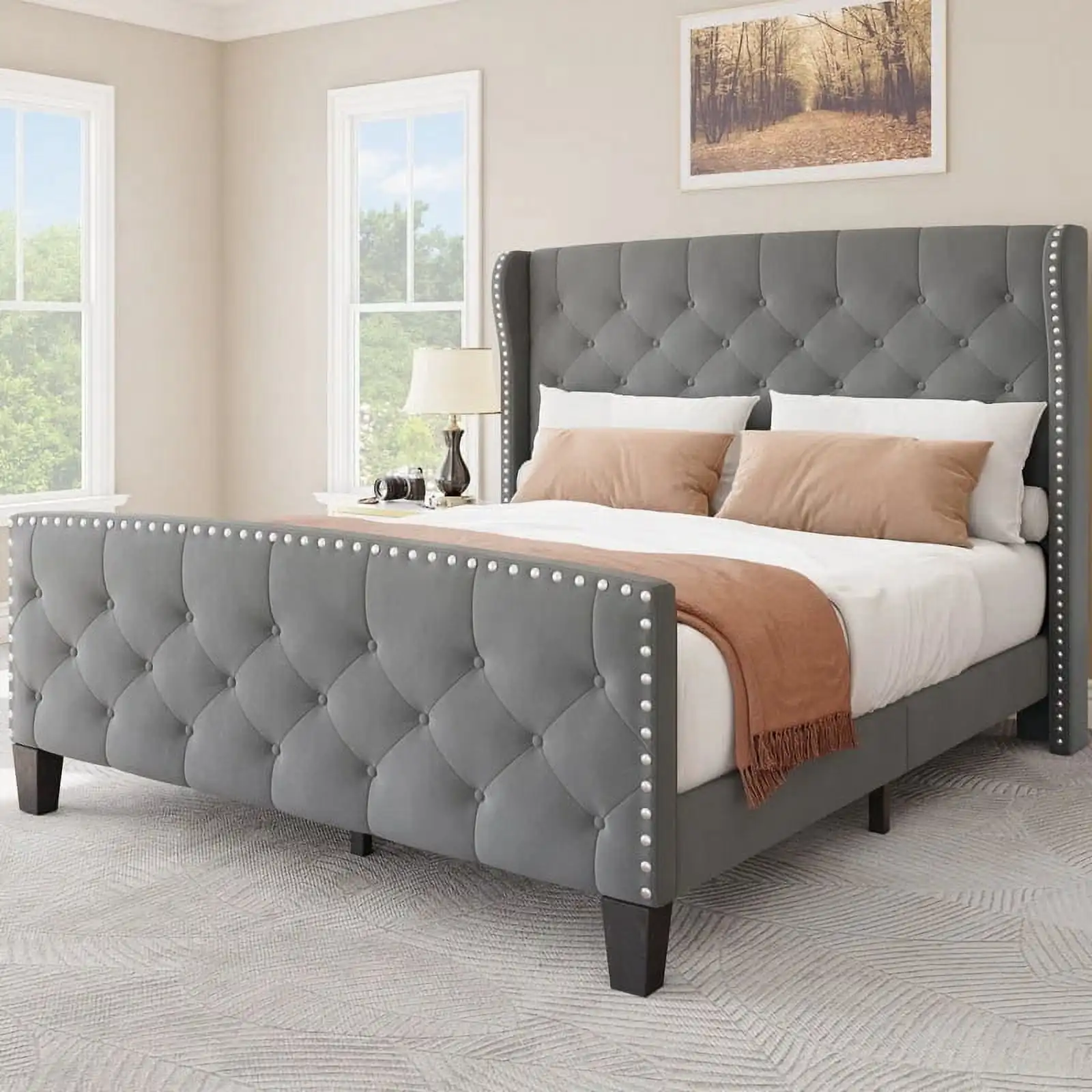 Queen Size Platform Bed Base w/ Velvet Headboard & Footboard, Wingback Upholstered Bed Frame Mattress Foundation, Grey/Beige
Queen Size Platform Bed Base w/ Velvet Headboard & Footboard, Wingback Upholstered Bed Frame Mattress Foundation, Grey/Beige