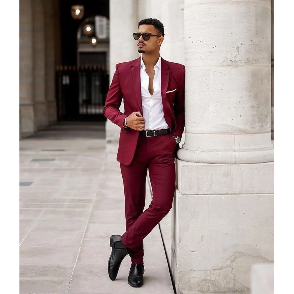 

Chic Solid Men Suits Burgundy Fashion Notch Lapel Smart Casual Wear Formal Wedding Groom Tuxedo 2 Piece Male Suit Slim Fit