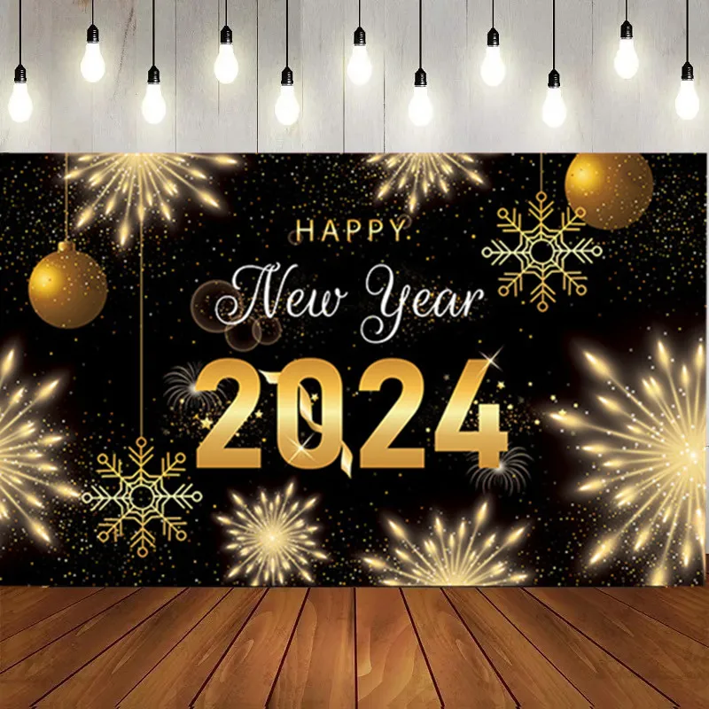 

2024 New Year Black Gold Theme Party Backdrops Balloon Snowflake Decorative Wall Banner Poster Photo Shooting Background Board