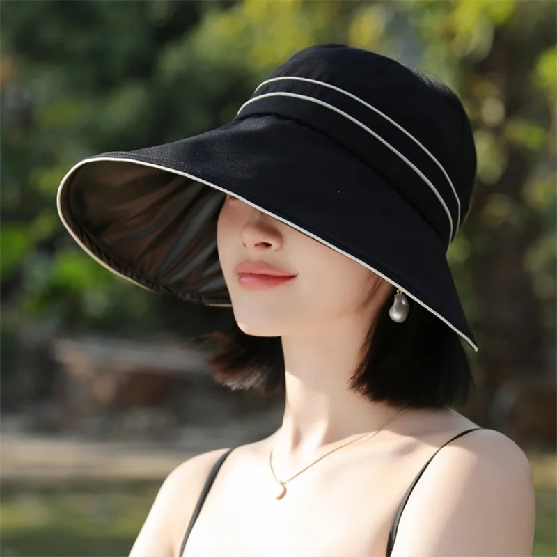 

New Style Sun Hat For Women in Summer Black Gel Large Brim Empty Top Hat Simple And Leisure Lady's Anti-Ultraviolet Sunshade Hat