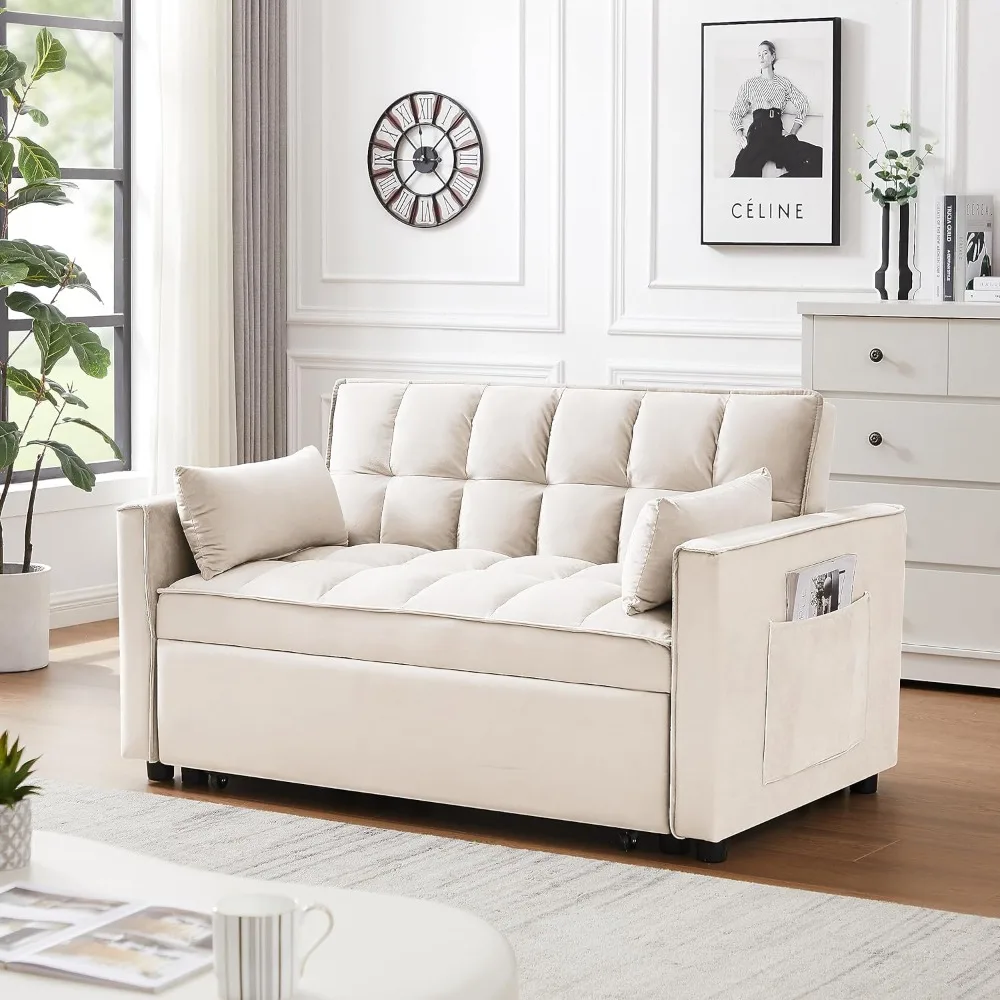 

55.2" LoveSeat, Velvet Lounge Futon Chaise, Reversible Bed & Pockets & Toss Pillows, 2-seat Fabric Convertible, Pull Out Couch