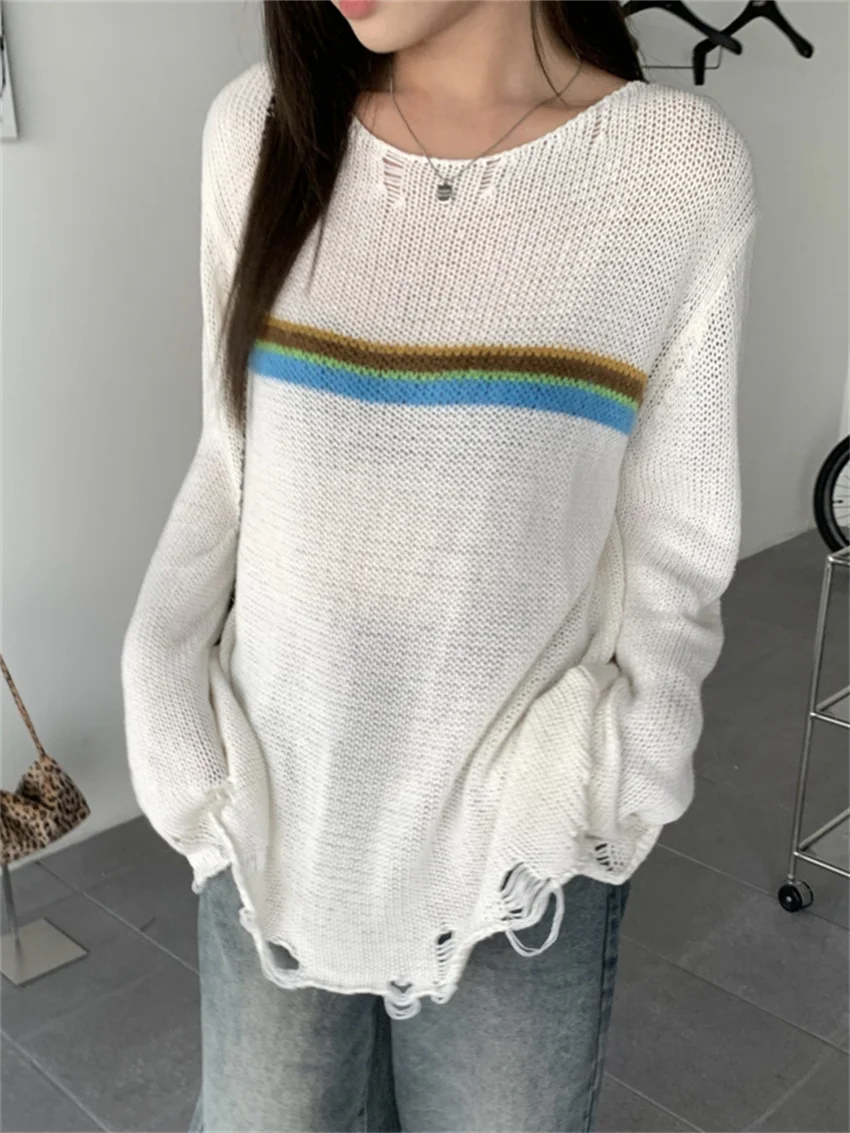 

Alien Kitty Casual Sweaters Women Stripes Sweet Girls Autumn Chic Loose 2023 Hollow Out Knitwear All Match Gentle Pullovers