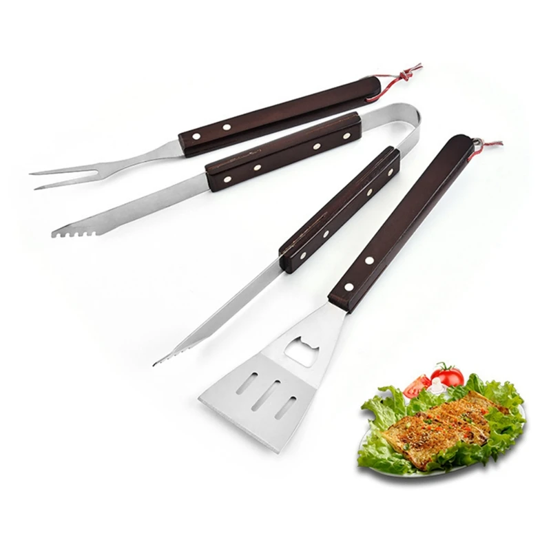 Three-Piece Stainless Steel BBQ Tool Set With Wooden Handles - Includes Fork, Shovel, And Clip
Three-Piece Stainless Steel BBQ Tool Set With Wooden Handles - Includes Fork, Shovel, And Clip