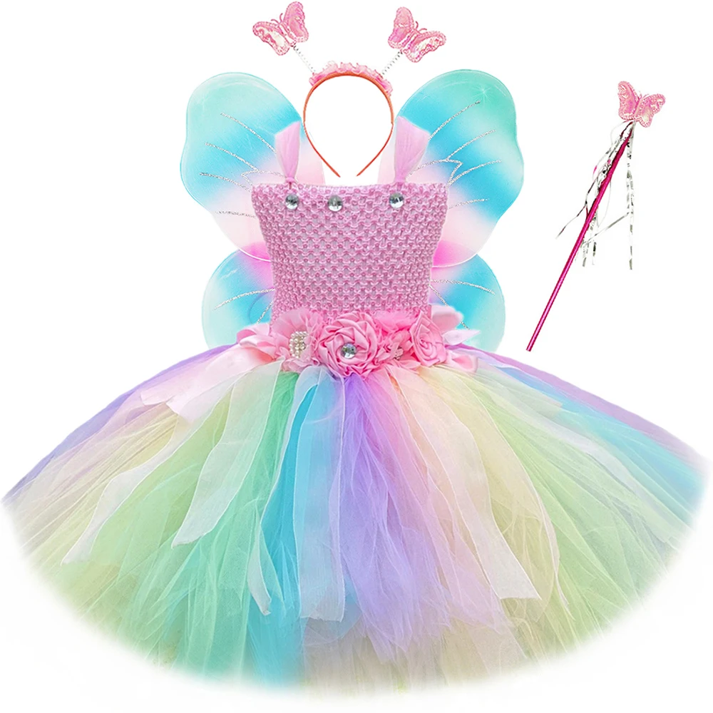 

Girls Flower Fairy Tutu Dress Pastel Rainbow Tulle Princess Dress Ball Gown Fancy Kids Birthday Party Halloween Unicorn Costume