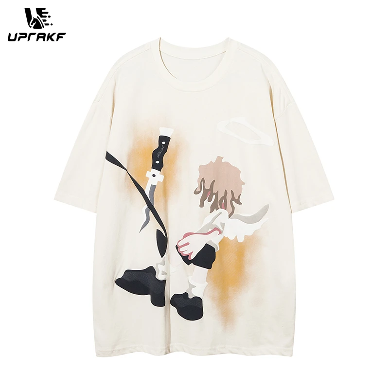 

UPRAKF Streetwear T Shirt Character Print Crew Neck Short Sleeve Summer Fashion Tee Simple Loose Cotton Casual