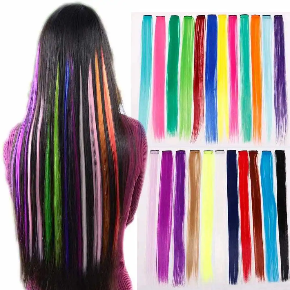 

22Inchs Clips in Hair Extensions Colorful Long Straight Hairstyle Synthetic Blonde Black Hairpieces Heat Resistant False Hair