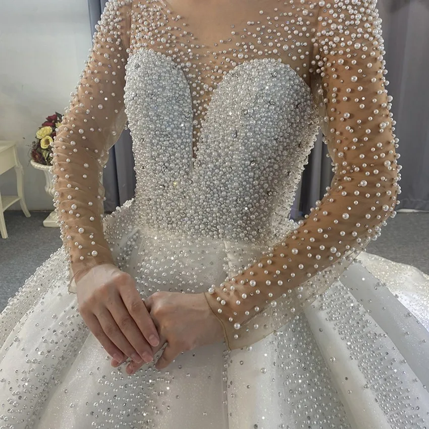 

Luxury Puffy Wedding Dresses 2023 O-neck Beading Pearls Crystal Illusion Sleeves Bride Party Gowns Arabic Dubai Vestido De Novia