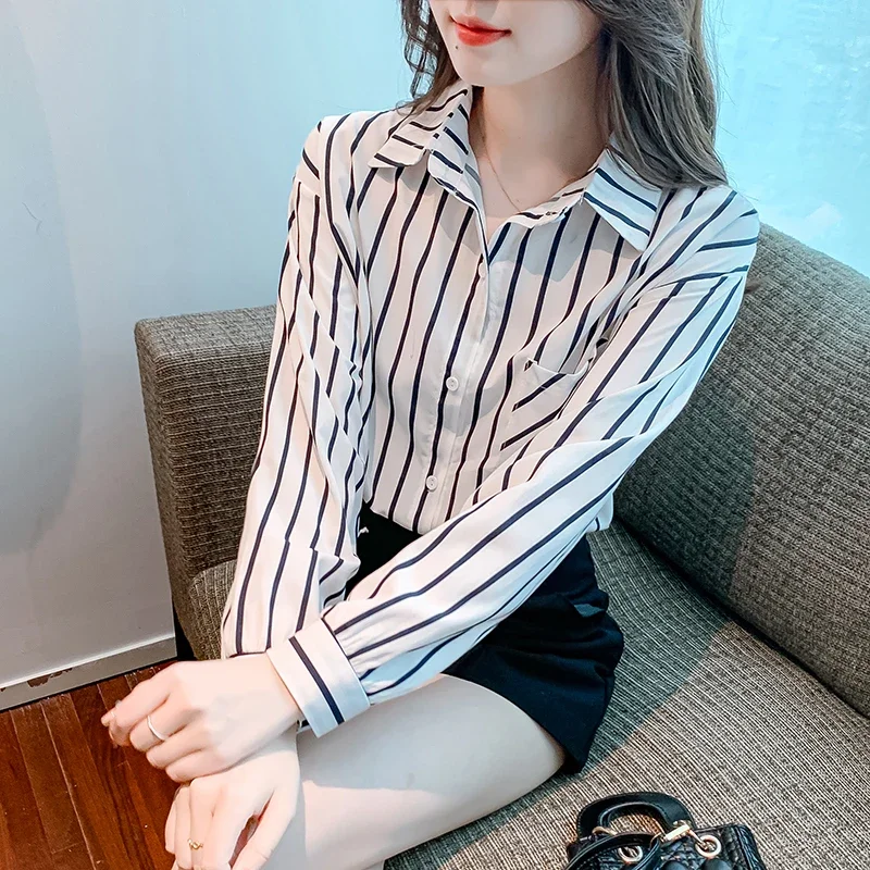 

New 2024 Chiffon Summer Women's Blouse Casual Fashion Advanced Temperament Simplicity Tops Stripe Long Sleeved Shirt