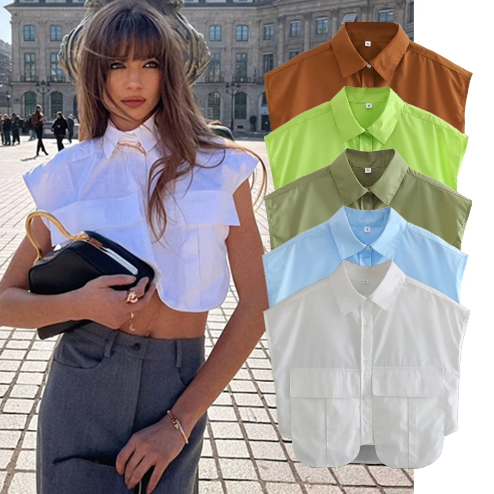 

Maxdutti Pocket Decoration Short Shirt French Ins Fashion Blogger High Street Solid Color Casual Summer Shirt Top Women