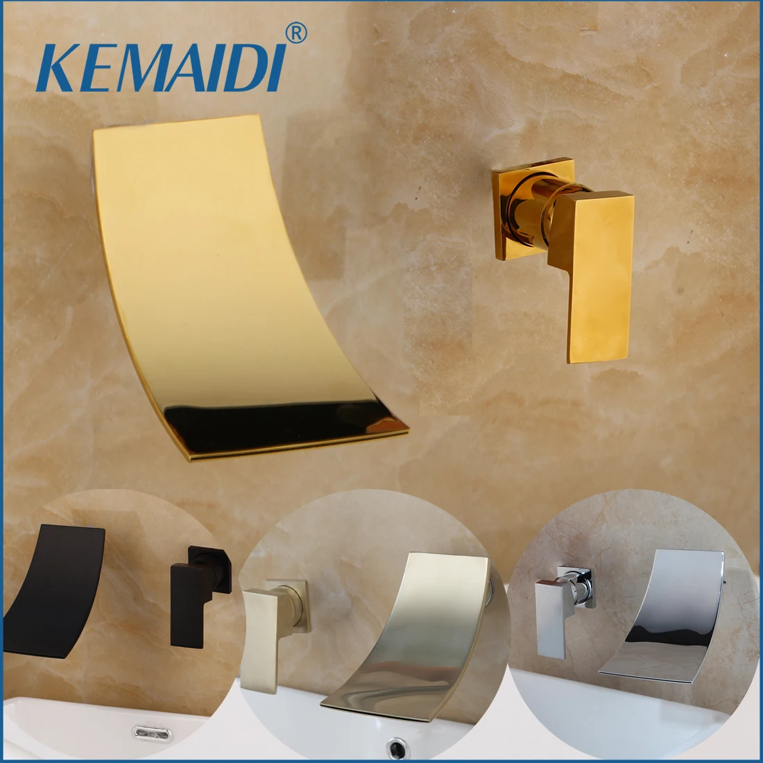 

KEMAIDI Brushed Gold Waterfall Bathroom Sink Faucet Single Lever Bathroom Washing Basin Mixer Tap Widespread Lavatory Crane