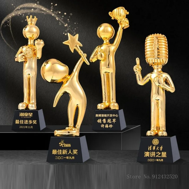 Personalized custom crystal trophy electroplating golden resin creative metal trophy character event souvenir trophy gift box
Personalized custom crystal trophy electroplating golden resin creative metal trophy character event souvenir trophy gift box