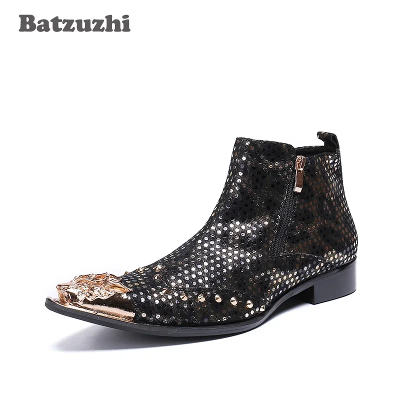 

Ботинки Batzuzhi мужские в западном стиле, кожаные, с острым носком, мужские ковбойские ботинки в стиле рок, с заклепками, красивые модные сапоги, US12