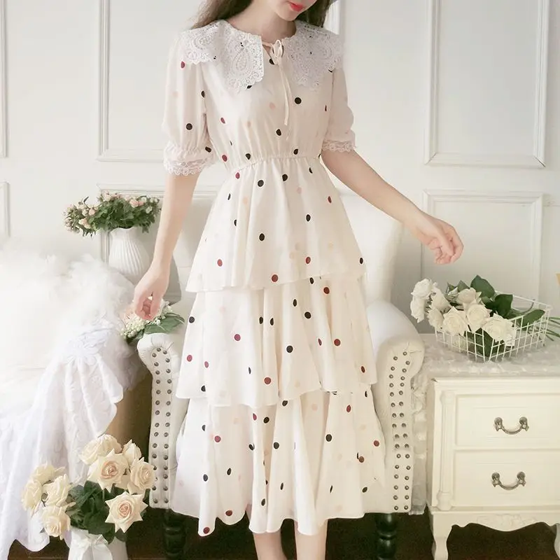 

Sweet Peter Pan Collar Lace Up Bow Polka Dot Princess Dress Women's Clothing 2024 Summer New Loose Princess Sleeve Midi Dress