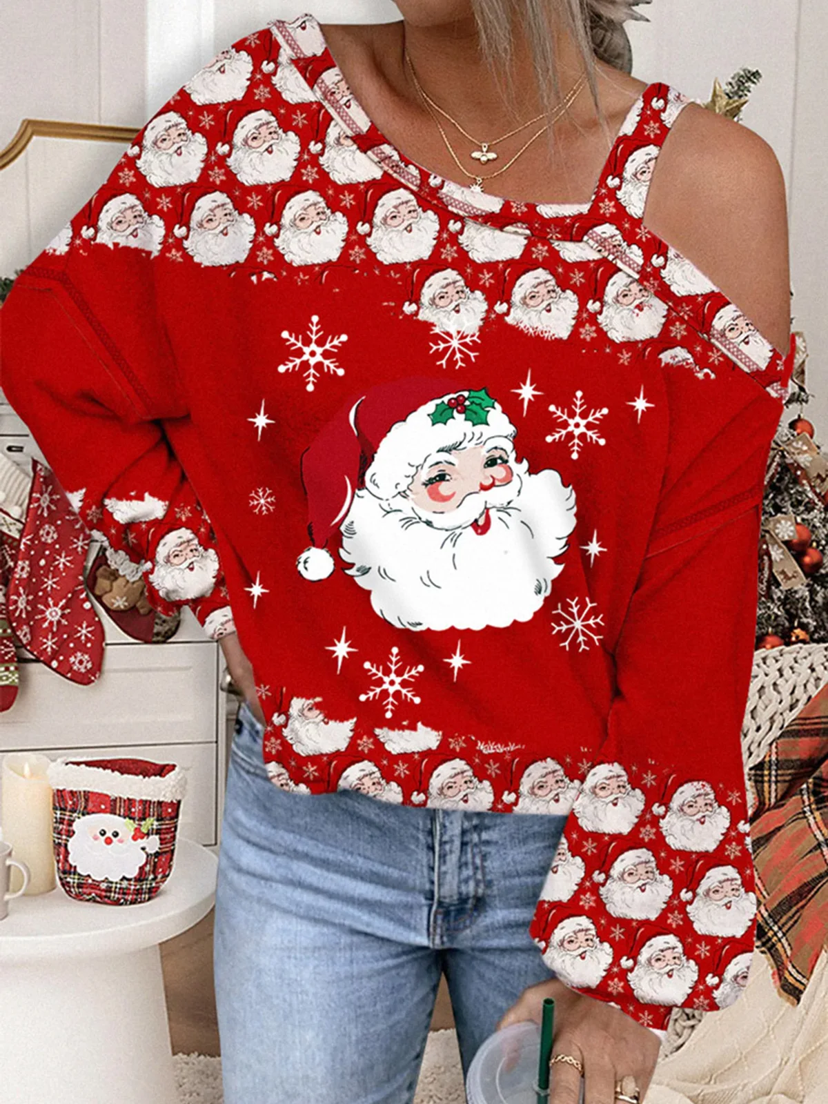 

2023 Autumn Winter Christmas Santa Claus One Sided Cold Shoulder Blouse Women Loose Long Sleeve Soft Holiday Ladies Cozy Tops