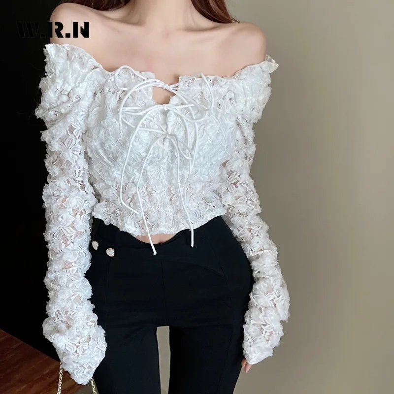 

2024 Spring Sexy Casual Lace-up Long Sleeve Slash Neck T-Shirts Women Crop Top Hotsweet Club Style Sheath Coquette Tees Tops