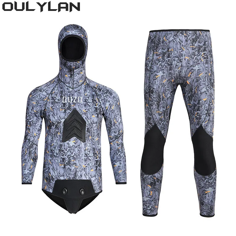 

Oulylan Submersible Men Keep Warm Scuba Diving Suit Camouflage Wetsuit 5MM Long Sleeve Fission Hooded 2 Pieces Of Neoprene