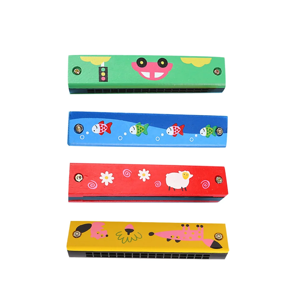 

4pcs Wooden Harmonica Toys 16 Holes Double Row Educational Musical Instruments for Kid (Random Pattern)