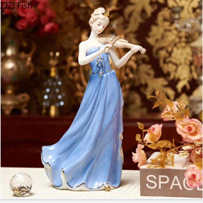 

Beauty Girl Statue Violin Musician Character Ceramic Sculpture Desk Decoration Gold Plated Crafts Ornaments Modern Home Decor