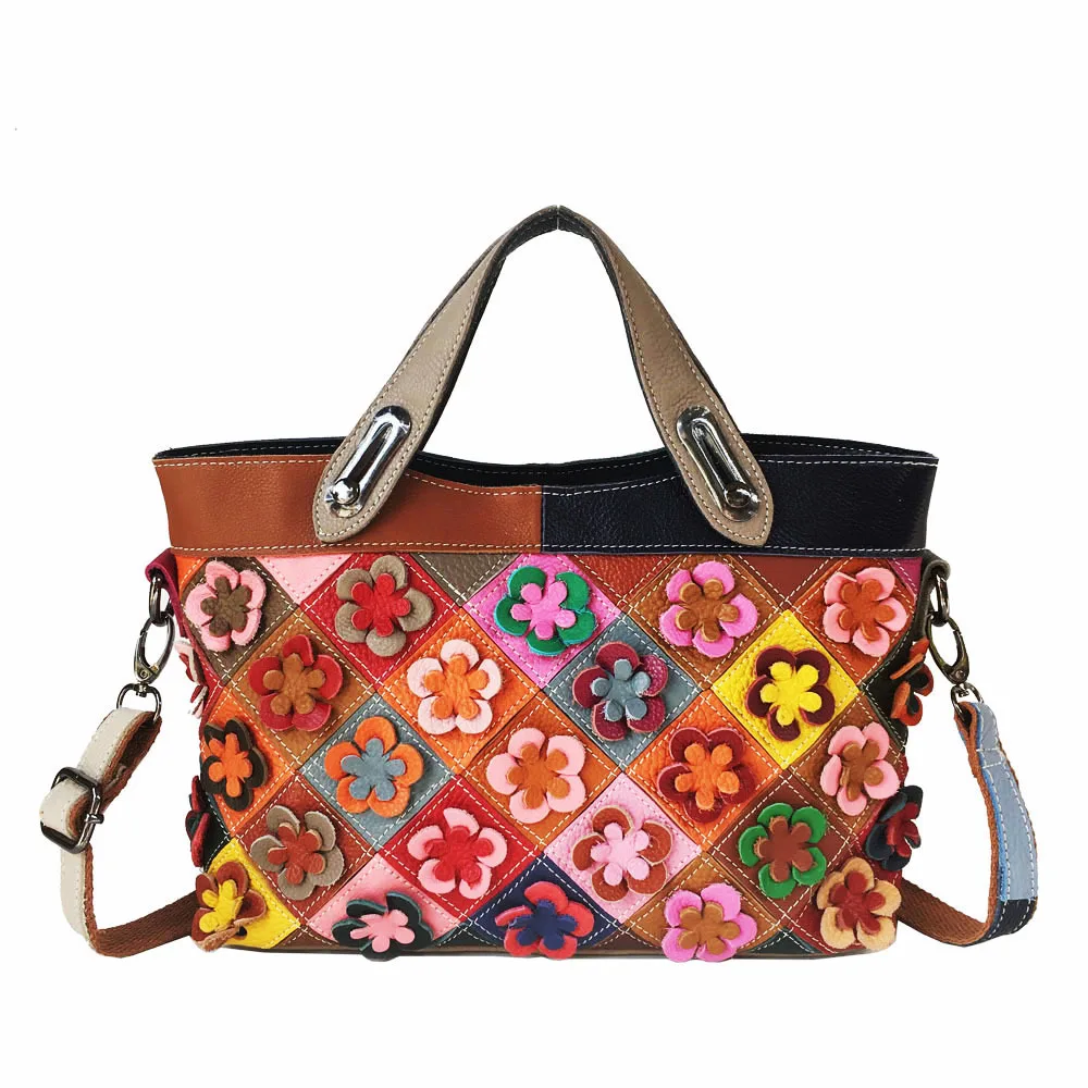 

Women Fashion Multicolour Flowers Genuine Leather Diamond Lattice Splicing Tote Handbags ShoulderBag CrossbodyBag Office Daily