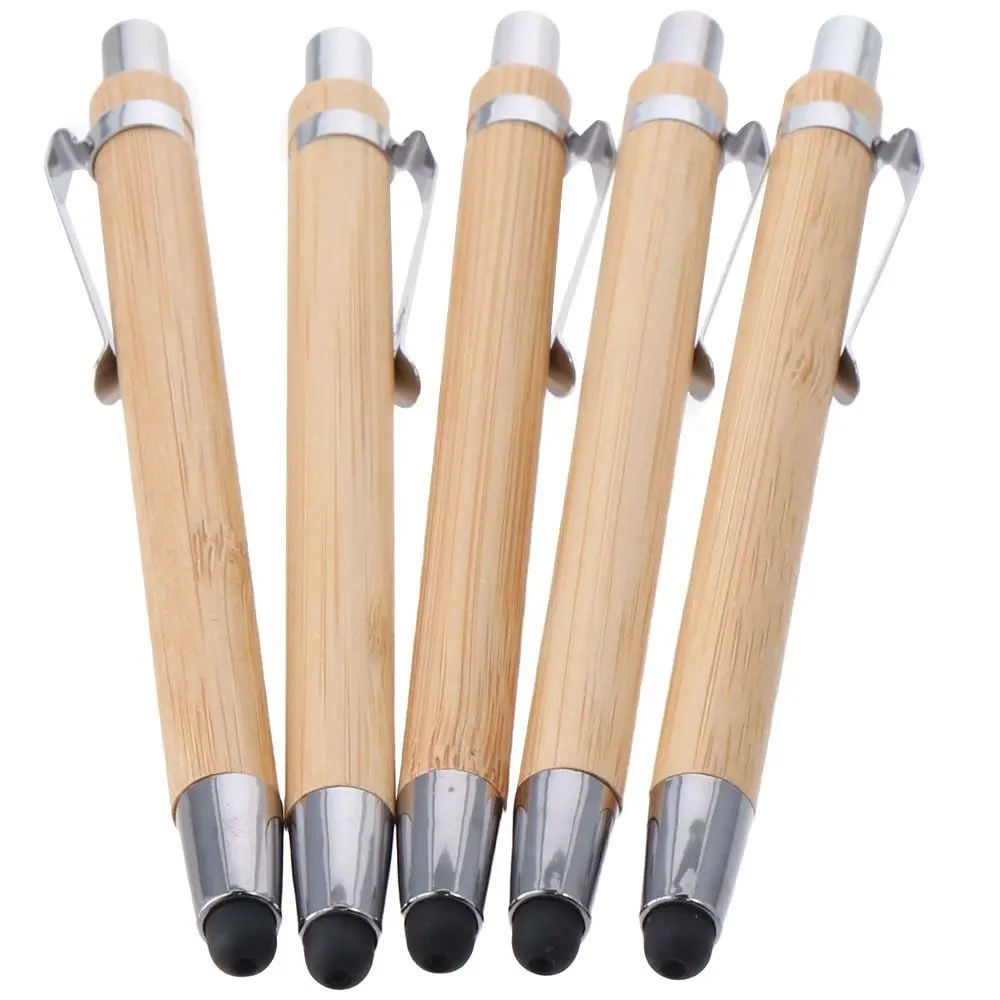 

5PCS Bamboo Retractable Ballpoint Pen Stylus Touch Pen 2 In 1 Sustainable Pens Black Ink Writing Pens School Supplies