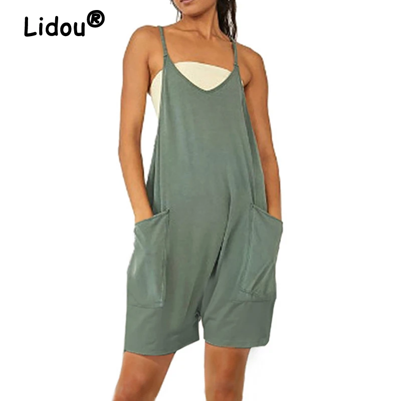 

Women Summer Casual Spaghetti Strap Sleeveless Jumpsuit Shorts Y2K Streetwear Loose Pockets Beach Rompers Sexy Bib Overalls Ropa