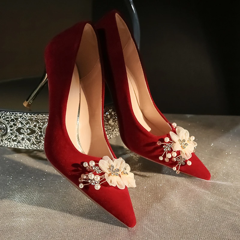

Новинка 2022 женские винно-красные свадебные туфли на высоком каблуке туфли-лодочки в китайском стиле для невесты