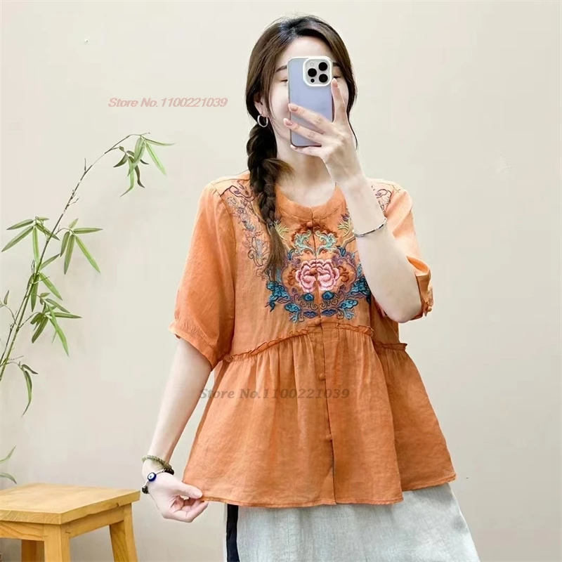 

2024 chinese vintage blouse women national flower embroidery 100% linen blouse traditional chinese retro streetwear loose blouse