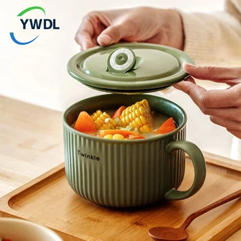 YWDL 유럽 스트라이프 인스턴트 국수 그릇, 손잡이가 달린 세라믹 주방 식기 그릇, 샐러드 수프 과일 파스타 전자 레인지 안전