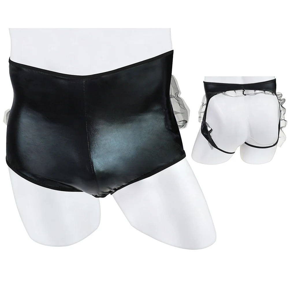 

Sexy Men Panties Faux Leather Exposed Hips Underpants Fine Mesh Ruffled Briefs Oil Shiny Tight Underwear Gay Man Erotic Lingerie