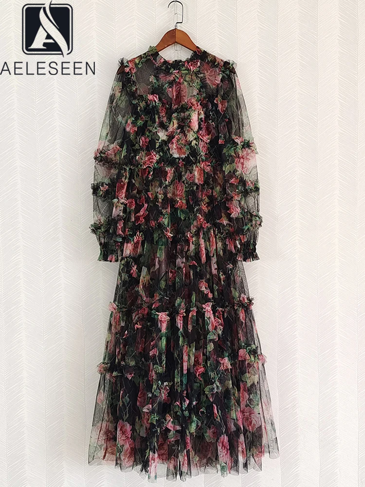 

AELESEEN Luxury Long Dress Women Spring Autumn Layered Flower Print 3D Edible Tree Fungus Black Pink Elegant Prom Party