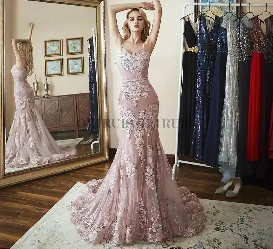 

Женское вечернее платье с юбкой-годе, розовое кружевное платье принцессы для гостей свадьбы с V-образным вырезом и ремешками, блестящее платье с аппликацией на спине для выпускного вечера