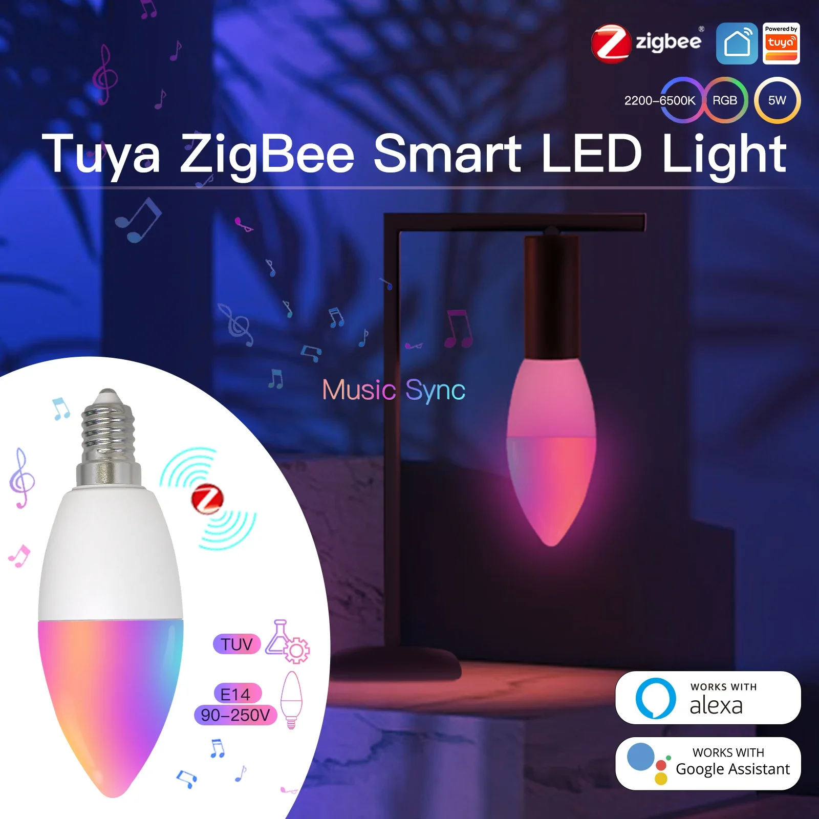 

MOES Zigbee LED Light Bulb E14 Candle Lamp Smart 5W RGBCCT 2200-6500K Dimmable Light Tuya Alexa Google Voice Control