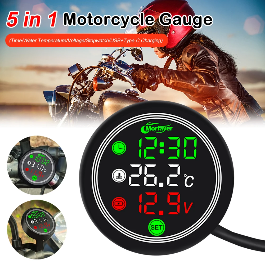 5-in-1 Motorcycle Clock and Thermometer 9-24V Digital Display Full Screen Thermometer USB Charger Waterproof
5-in-1 Motorcycle Clock and Thermometer 9-24V Digital Display Full Screen Thermometer USB Charger Waterproof