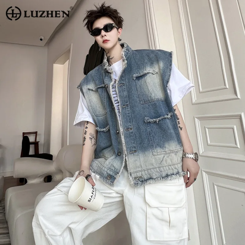 

LUZHEN Korean Denim Washed Style Men's Vests Collarless Vintage Gradual Clothing Loose Waistcoat Fashion Sleeveless Coat A67581