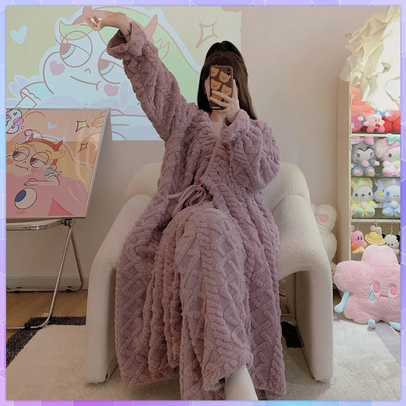 

Coral Velvet Sleepwear Women's Pajamas Sets Bathrobes Shower Cartoon Cute Warm Hooded Nightgown Flannel Kimono Bath Robe Home