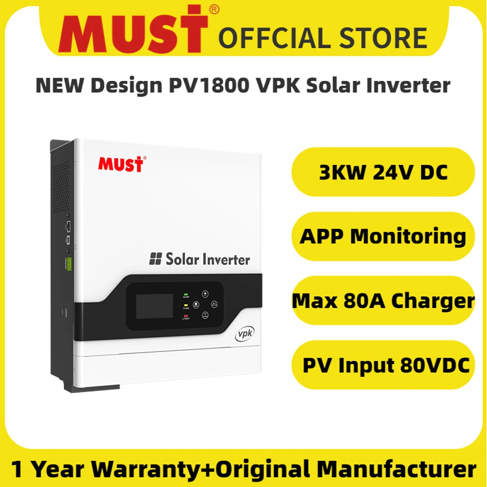 

Новый гибридный солнечный инвертор MUST PV1800 VPK 3 кВт 3000 Вт 24 в 80 А, зарядное устройство с Wi-Fi, высокая частота