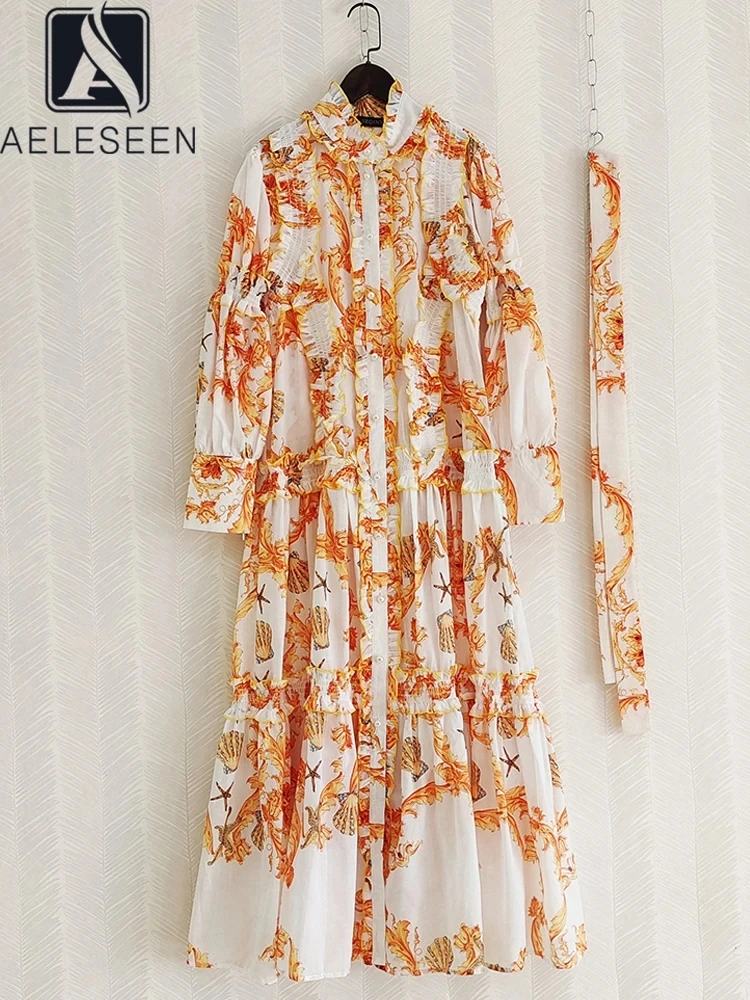 

AELESEEN Sicilian Long Dress Women Runway Fashion Yellow Flower Print Lantern Sleeve Ruffles Belt Holiday Vacation