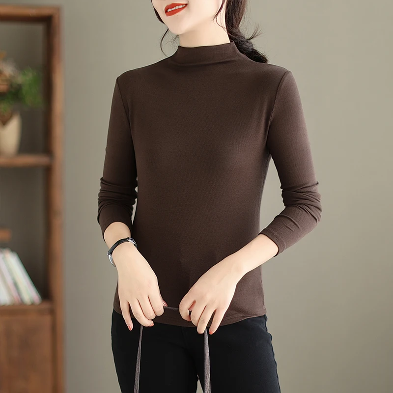 

Solid Color Versatile Women Bottoming T-shirt Fall Half Turtleneck Slim Fit Literary Office Lady Fashion Long Sleeve Casual Tops