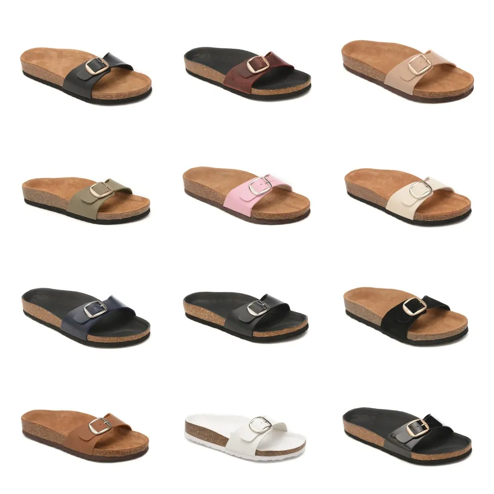 

2024 New Style Women Arizona Madrid Style Sandals Lady Big Buckles Summer Beach Leather Wood Sole Slides Casual Shoes